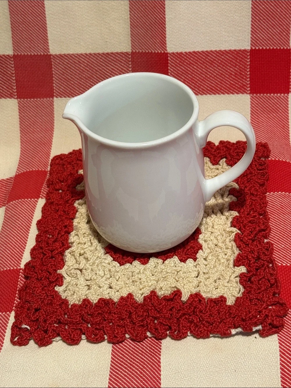 Handmade Red and Cream Crochet Pot Holder or Hot Pad for Table